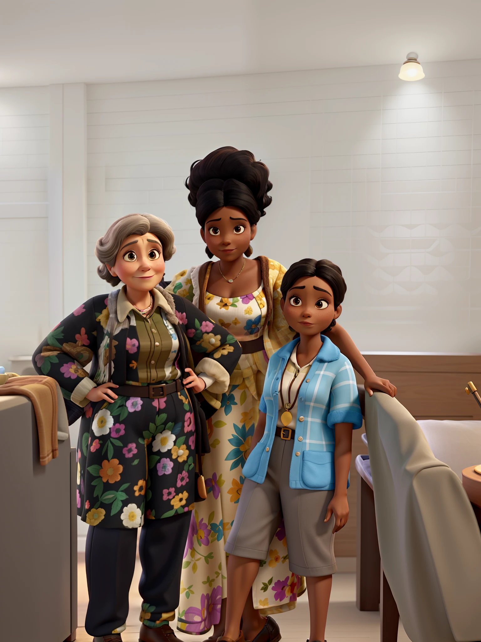 Old brunette woman next to a black woman and with a brunette , Disney Pixar standard lighting with high quality.