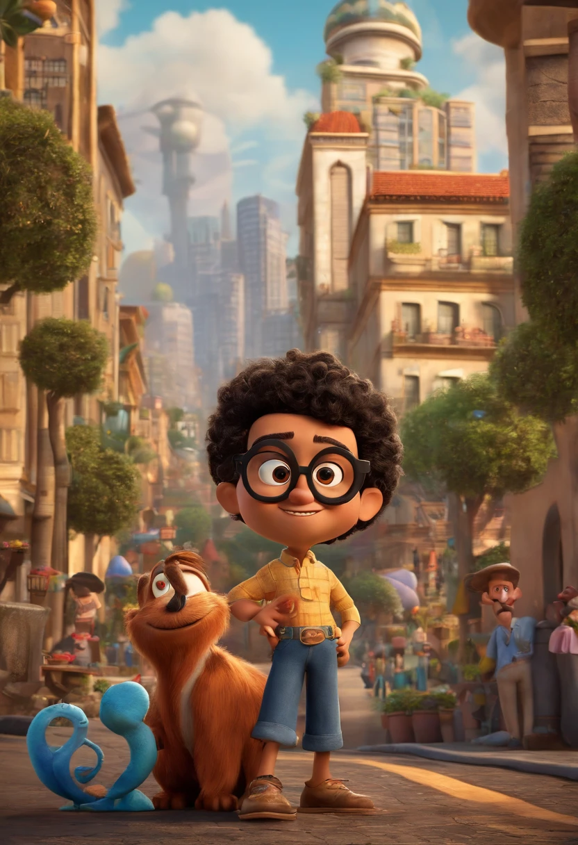 a Disney Pixar movie poster showing a 35-year-old man, branco, com cabelo raspado e olhos castanhos, wearing black glasses, nome aTiago escrito com letra estilo Pixar , background showing the city of Sao Paulo, 3D-rendering
