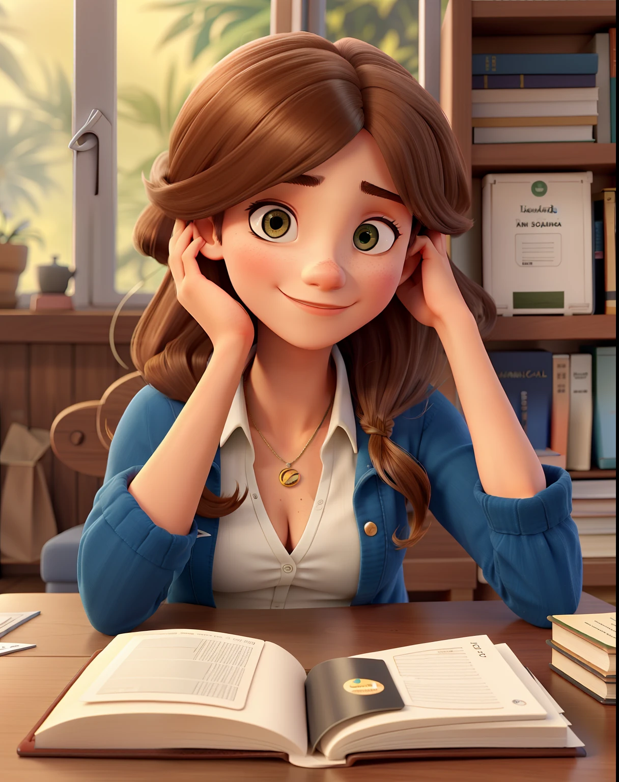 Uma bela jovem de cabelo longo cacheado, sentada lendo um livro na varanda
