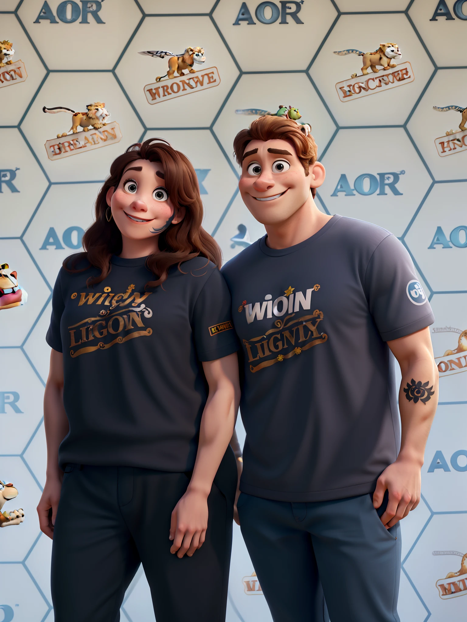 disney pixar character, white woman with brown eyes with female body smiling, man with light eyes smiling with lion tattoo on his arm