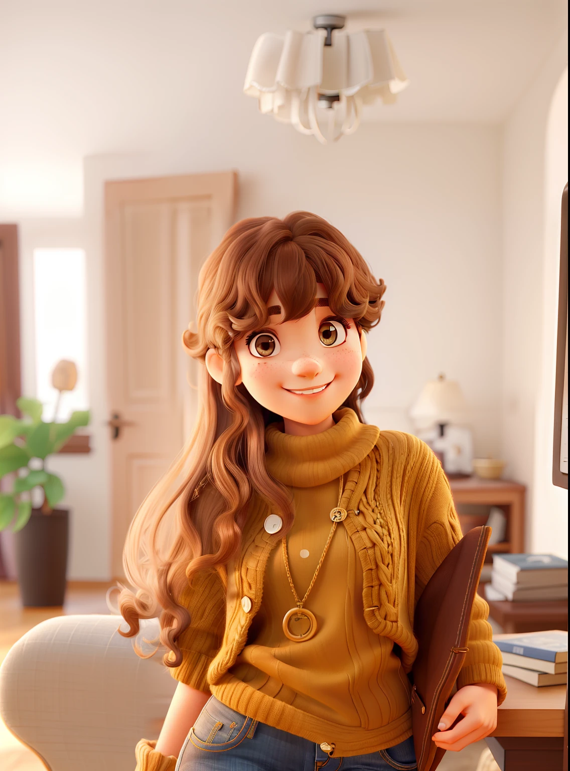 A beautiful girl with medium curly hair with bangs and dark brown, Dark eyes in jeans and white knitting smiling