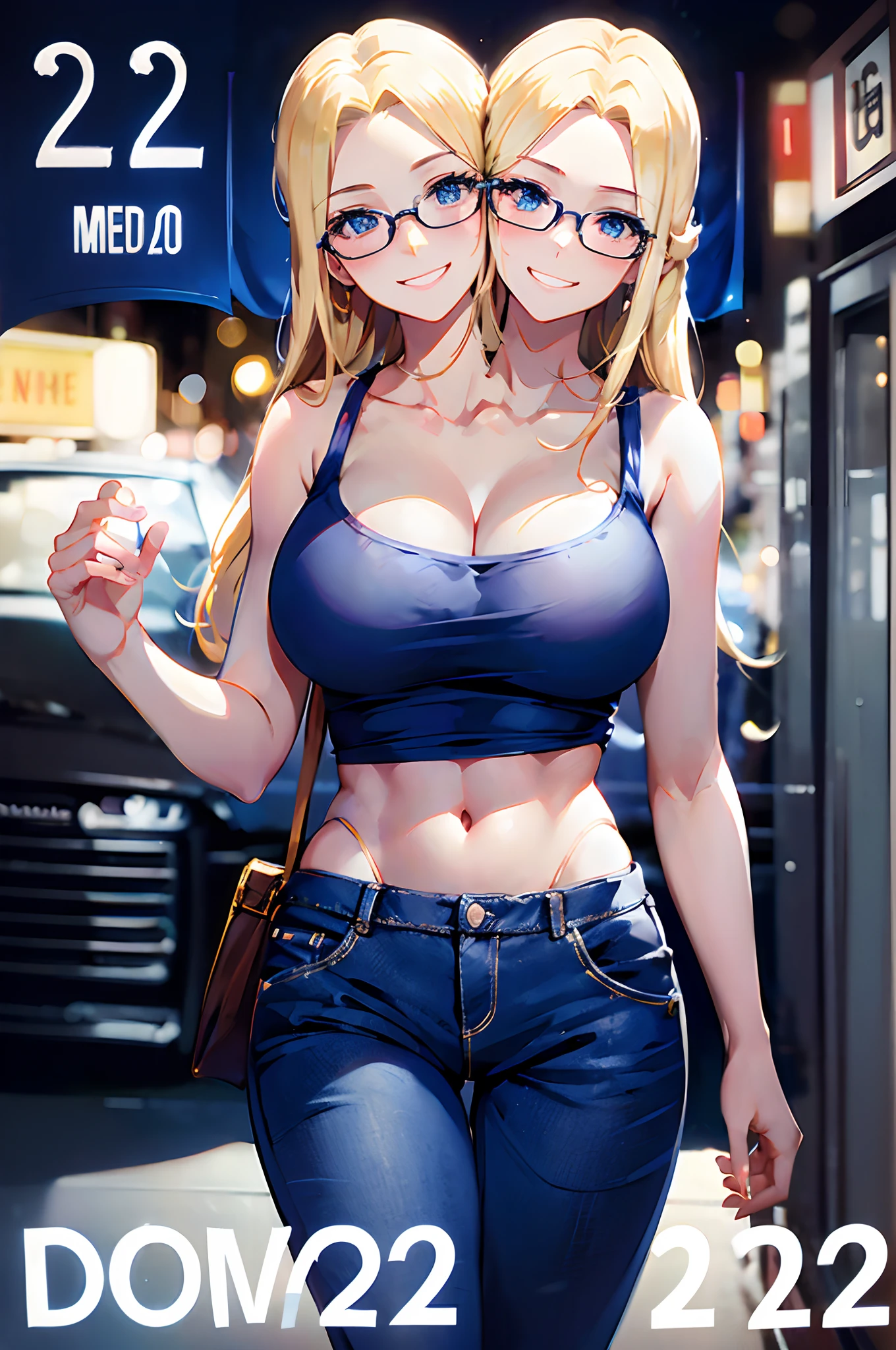 movie poster, title "YOU2", (2heads:1.5), 1girl, blond hair, blue eyes, glasses, smiling, happy, love, white tank top, dark blue pants, romantic atmosphere, cinematic art