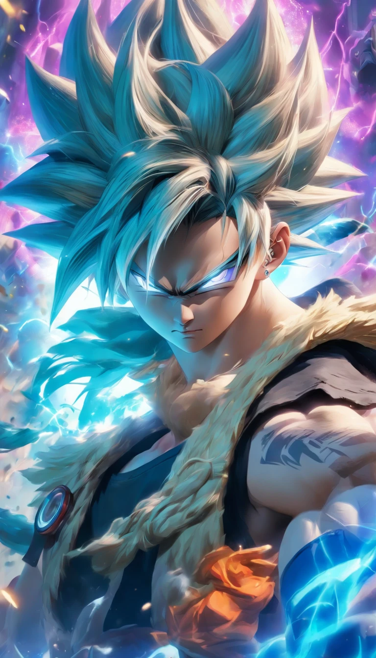 China-style,Ezreal de League of Legend com brincos Dragonball Z , messy short blue hair, wearing goggles, Efeitos de brilho, hyper-realistic, foto ultra realista, Estilo de tinta chinesa preto e branco, dinheiro, Discoloration,Manchar,tinta,4k,Superfino,alta qualidade, Renderizador OC