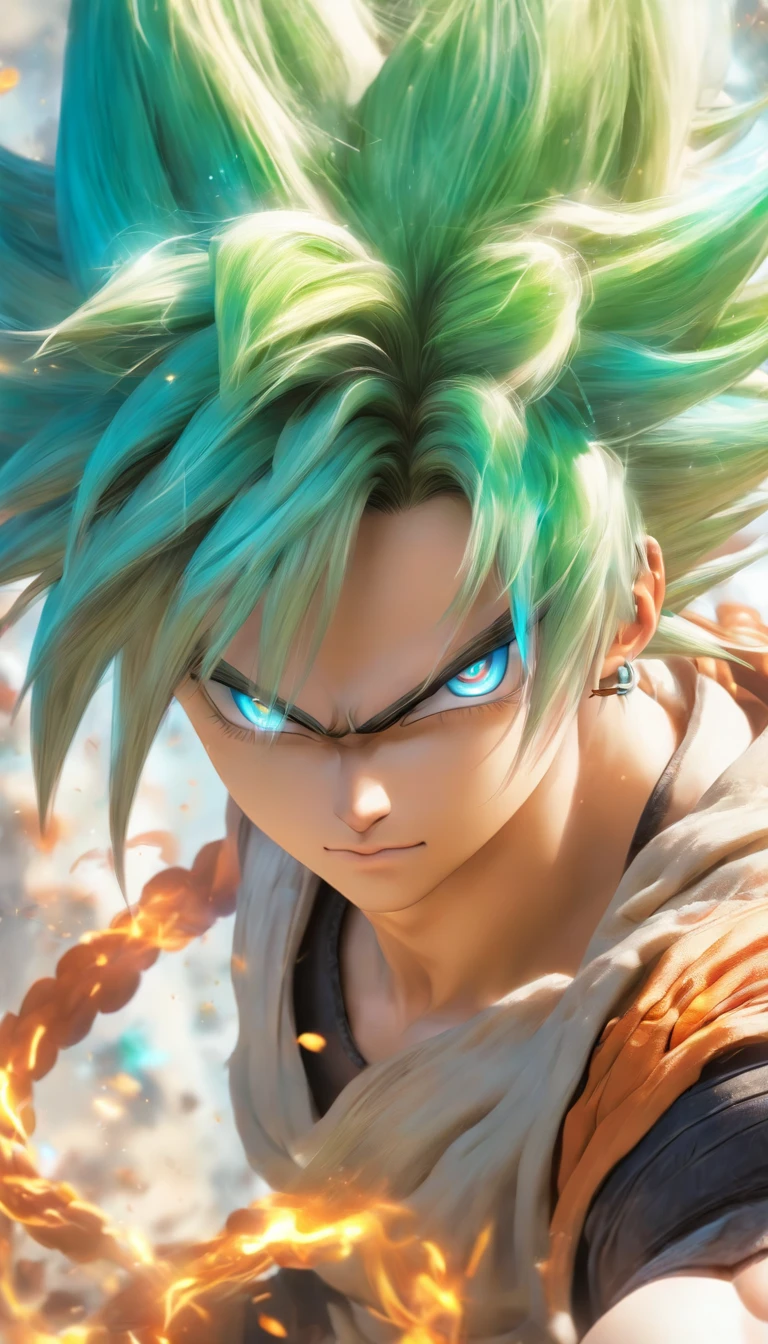 China-style,Ezreal de League of Legend com brincos Dragonball Z , messy short blue hair, wearing goggles, Efeitos de brilho, hyper-realistic, foto ultra realista, Estilo de tinta chinesa preto e branco, dinheiro, Discoloration,Manchar,tinta,4k,Superfino,alta qualidade, Renderizador OC