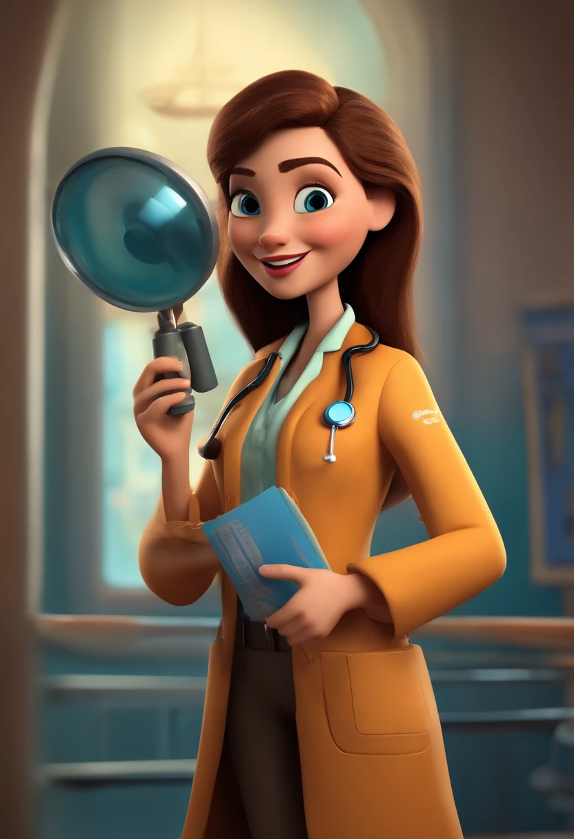 create a 3D movie poster inspired by Disney Pixar, The scene should be in Pixar's signature digital art style, com uma imagem caricata de uma mulher branca com cabelos preto e liso, Medium Size, cor marrom claro, Wearing speech therapist lab coat in a doctor's office