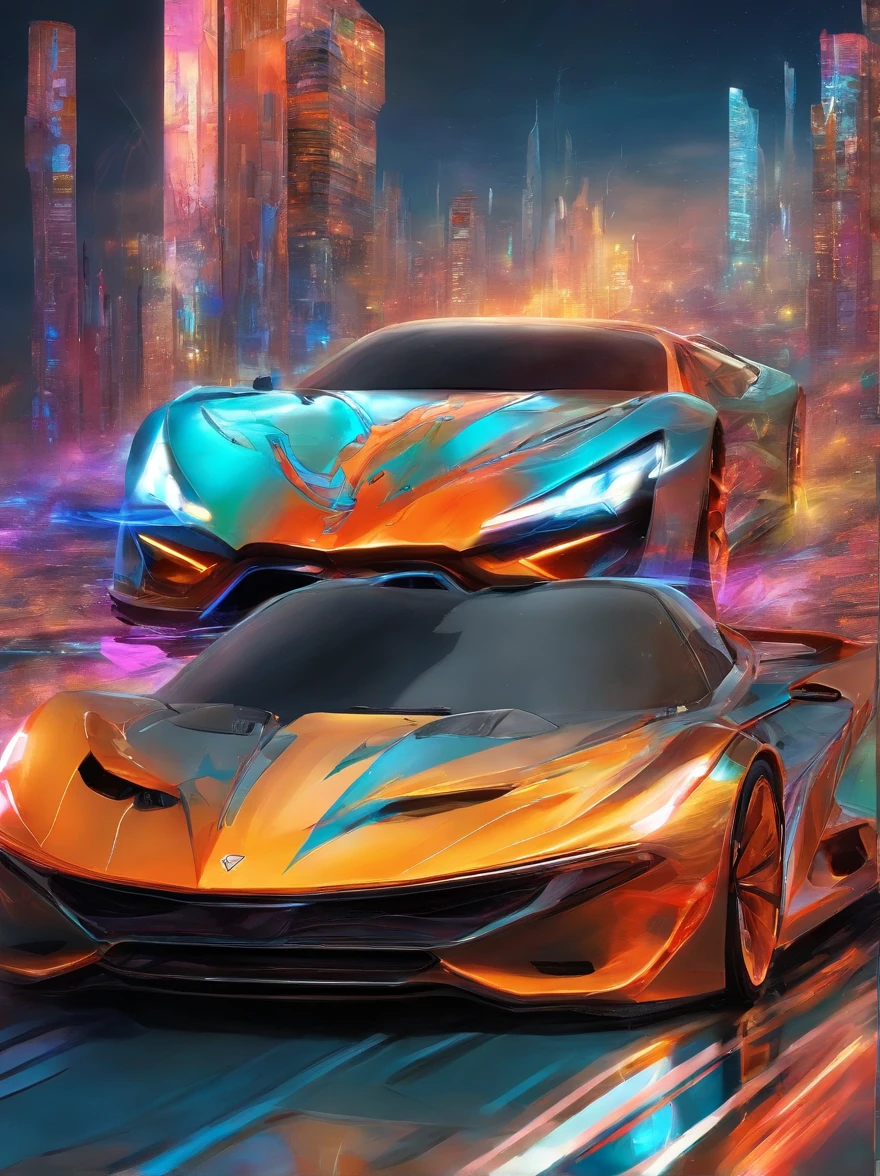 Abstract Expressionism - Surrealism - Realism:
A photo of a futuristic supercar and muscle car speeding through a futuristic urban landscape in 2250. The cars are painted in an abstract expressionist style, with bold and energetic brushstrokes conveying their motion. The environment, while surreal and dreamlike, is depicted with elements of realism. A holographic equation in the sky signifies the fusion of art and science in this futuristic setting.