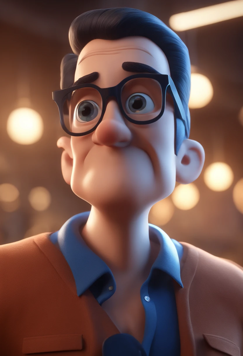 Cartoon character of a man with black glasses and a blue shirt, animation character, Caractere estilizado, animation style rendering, 3D estilizado, Arnold Maya render, 3 d render stylized, toon render keyshot, Personagem 3D, Personagem 3D, 3d rendering stylized, 3 d character render, personagem de desenho animado, Personagem de close up, Pose de personagem,  (Estilo Pixar) (master part:1.2) (Bokeh) (best quality) (pele detalhada) (textura detalhada) (8k) (argila) (Cinematic lighting) (foco nítido
