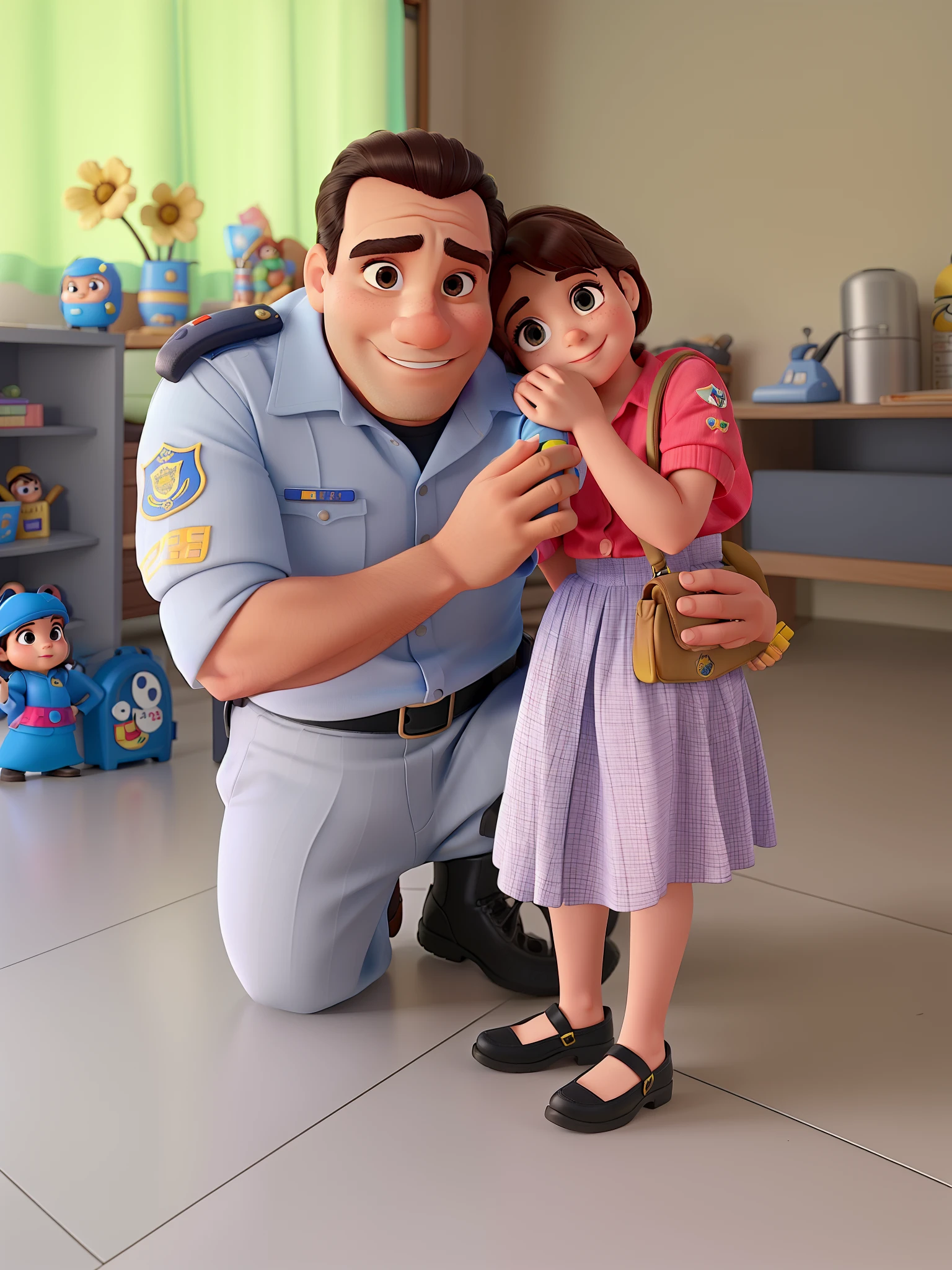 Um homem policial de 50 anos e uma menina de 3 anos no estilo Disney Pixar, melhor qualidade, alta qualidade