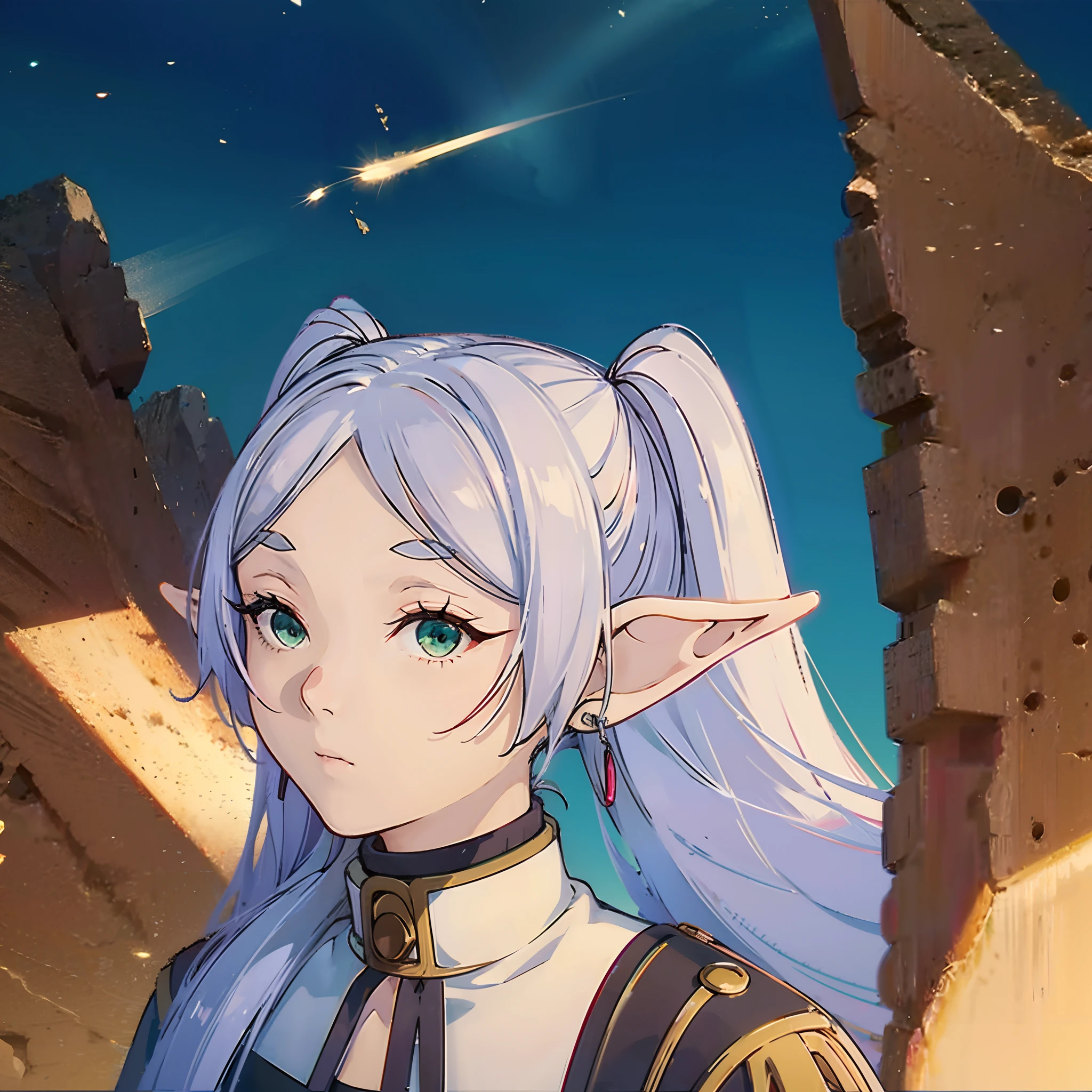 Masterpiece, 1 girl, elf ears, green eyes, white hair, twintails