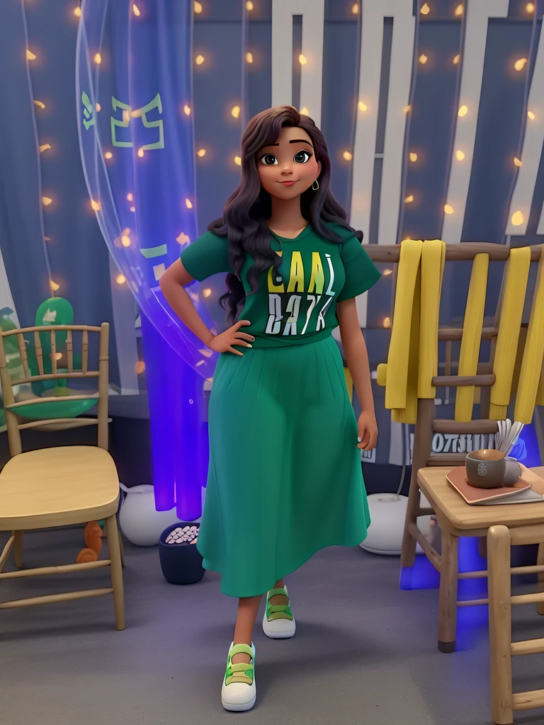 jovem morena, com saia verde, estilo disney pixar, alta qualidade