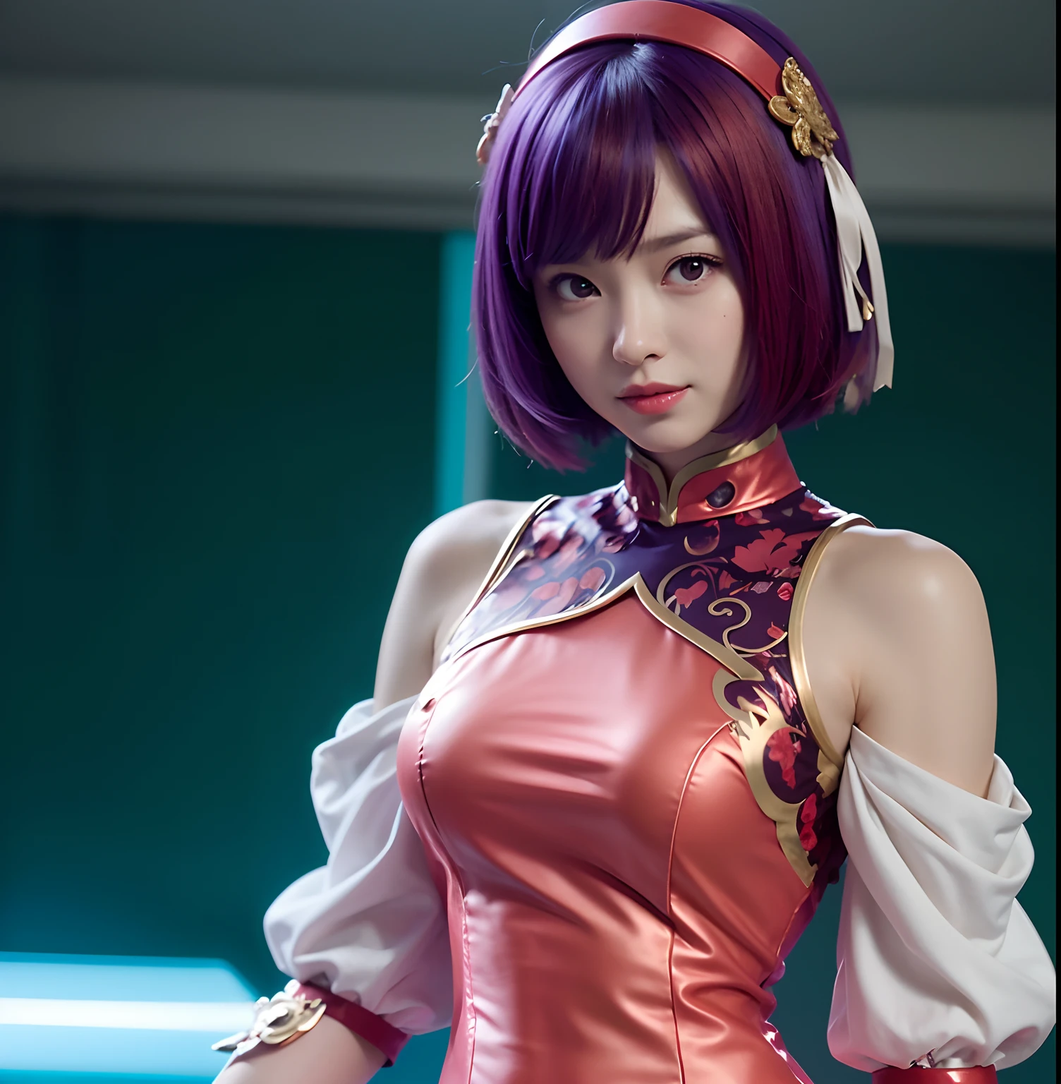 (masterpiece, best quality:1.4), (full body), (from above), 1girl, solo, purple hair, stunning girlfriend, (sitting on the floor:1.1), 1girl, solo, athenams, hairband, chinese clothes, red dress, gloves, hair ornament , bare shoulders, wide open legs, spread legs, underwear, heart shaped face, elegant face, beautiful face, highly detailed face, detailed eyes, highly detailed skin, skin pores, subsurface scattering, realistic pupils, medium breast, desire smile, erotic smile, detailed background, depth of field, volumetric lighting, sharp focus, absurdres, realistic proportions, good anatomy, (realistic, hyperrealistic:1.4), 16k hdr,
