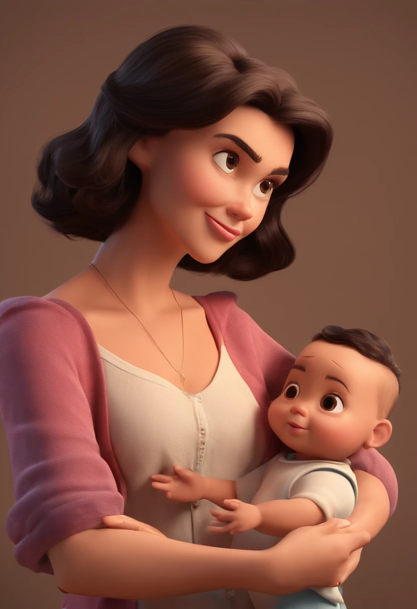 Estilo Pixar: A mother with dark hair, Looking at a brown-eyed , cabelo escuro , em uma fazenda