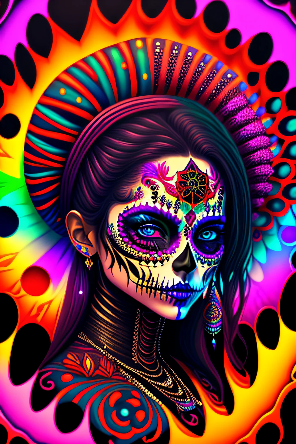 in a psychedelic style a representation of the Day of the Dead on a multiple female face, magnificent and detailed. Lots of texture and an whirlwind explosion of dark colored powder in the background, 8k