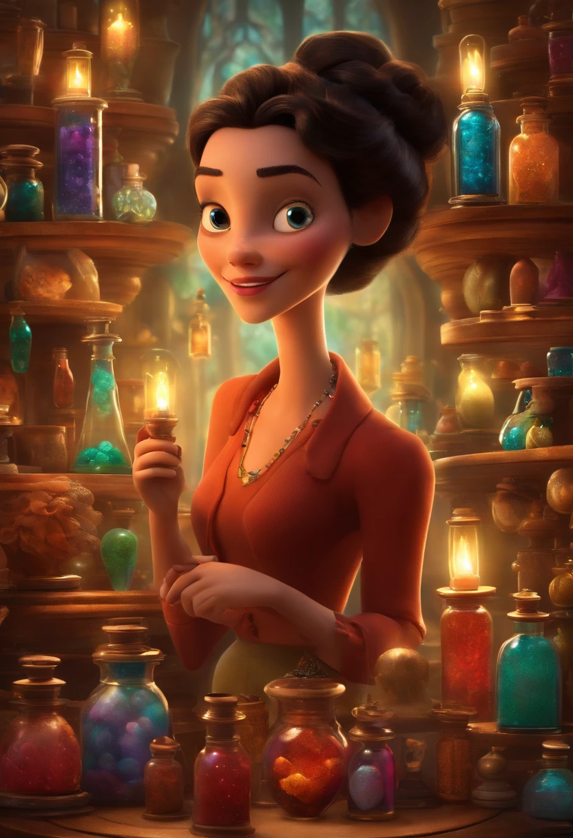 A collector of ideas inspired by Pixar animation, de perto. She is surrounded by a collection of magic vials, each containing a unique idea. The focus is on the character, with a captivating facial expression, Against a backdrop of shimmering, cores efervescentes.