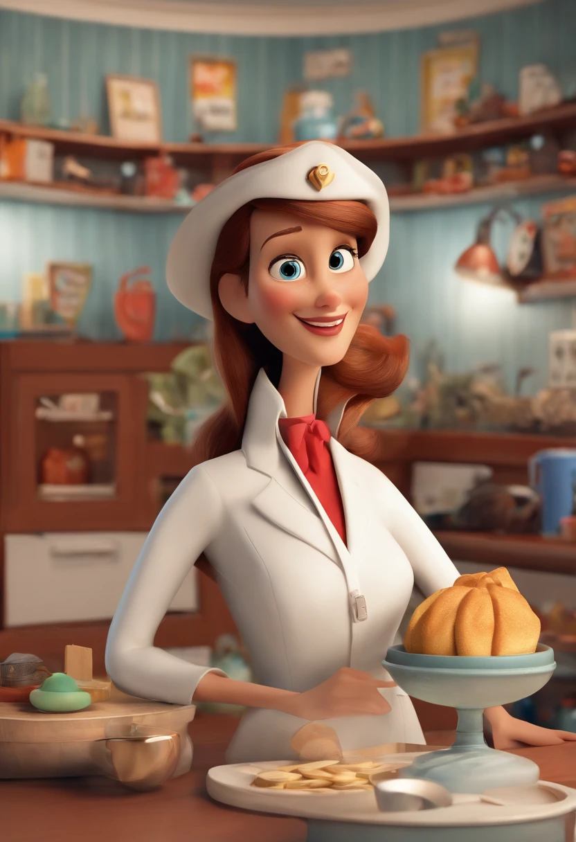 create a 3D movie poster inspired by Disney Pixar, The scene should be in Pixar's signature digital art style, com uma imagem caricata de uma mulher branca com cabelos preto e liso, Medium Size, Use of a speech therapist's white coat in a doctor's office with white walls