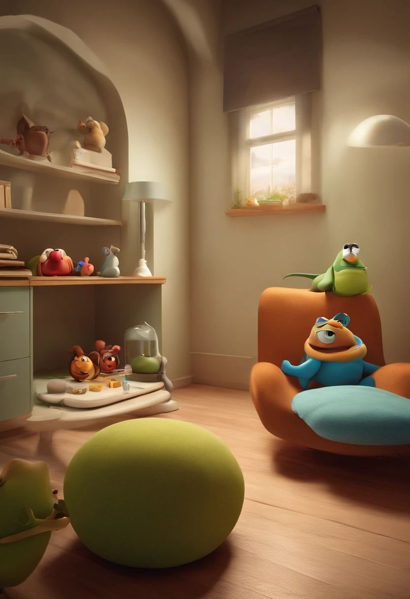 create a 3D movie poster inspired by Disney Pixar, The scene should be in Pixar's signature digital art style, com uma imagem caricata de uma mulher branca com cabelos preto e liso, Medium Size, Use of a speech therapist's white coat in a doctor's office with white walls