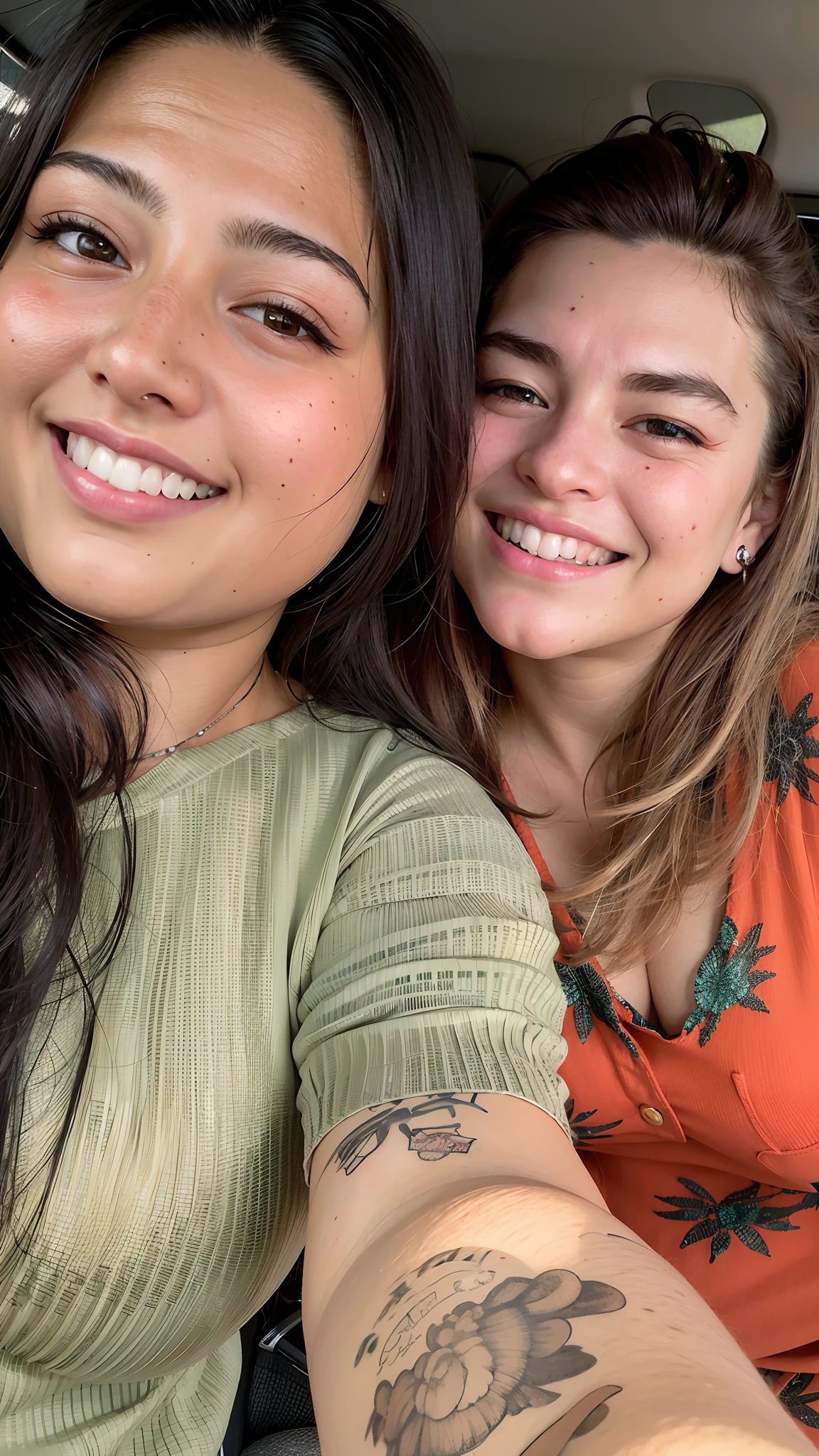 There are two women who are taking a selfie in the car, both smiling for the camera, sorrindo um para o outro, Duas meninas, imagem de qualidade muito baixa, Ruan Jia e Mandy Jurgens, They are close to each other, Duas mulheres bonitas no amor, imagem de perfil, sisters, foto do snapchat, duas mulheres, ambos rindo, imagem do iphone, foto de perfil headshot
