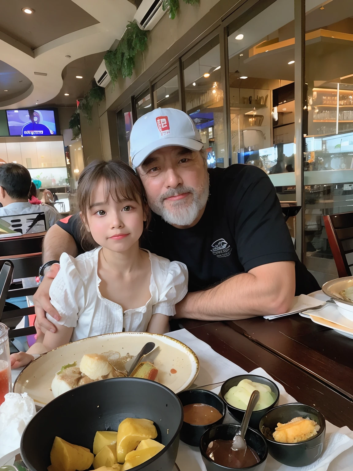 There is a man and a girl sitting at a table, with a , tirado no iphone 1 3 pro, tirado no iphone 14 pro, peixes no fundo, 2 0 2 3, 2023, Capturado no iPhone, taken in the early 2020s, # Oc, #Oc, Frank Franzzeta e Sakimichan