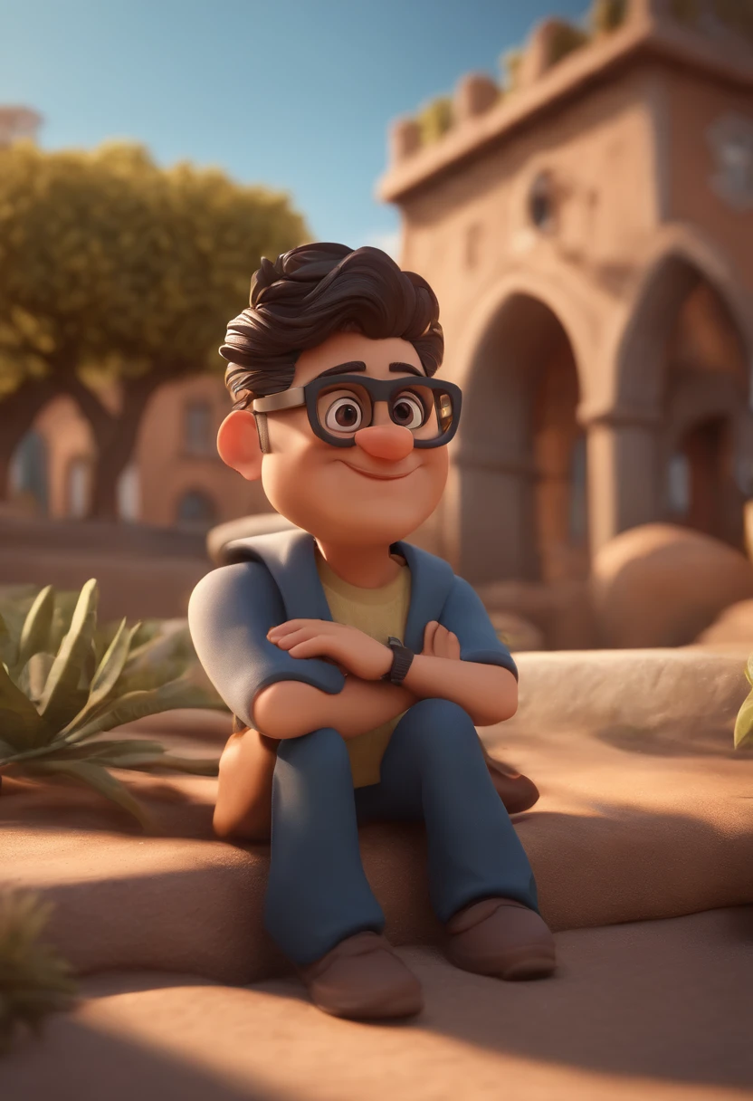 Cartoon character of a man with black glasses, cabelo cacheado marrom escuro e uma camisa azul, animation character, Caractere estilizado, animation style rendering, 3D estilizado, Arnold Maya render, 3 d render stylized, toon render keyshot, Personagem 3D, Personagem 3D, 3d rendering stylized, 3 d character render, personagem de desenho animado, Personagem de close up, Pose de personagem,  (Estilo Pixar) (master part:1.2) (Bokeh) (best quality) (pele detalhada) (textura detalhada) (8k) (argila) (Cinematic lighting) (foco nítido