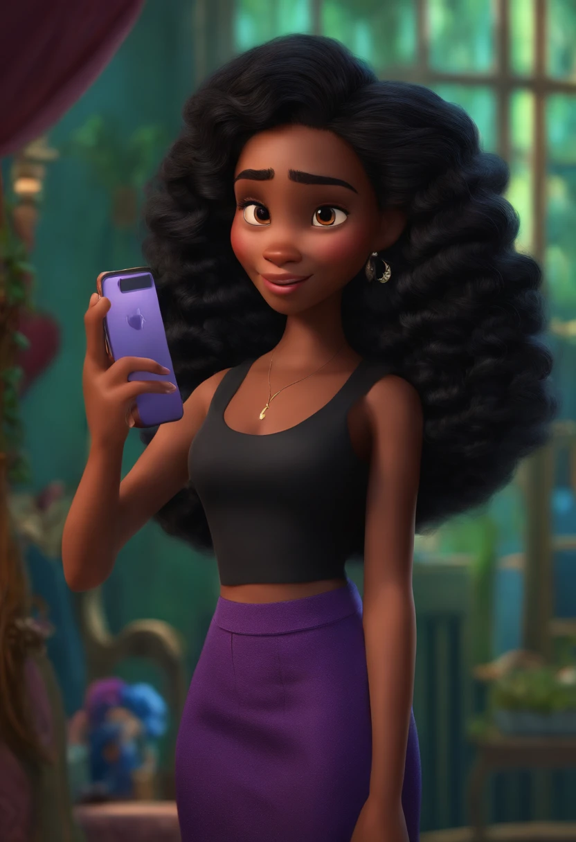 personagem da disney pixar, negra de cabelos cacheados na roupa preta segurando um celular