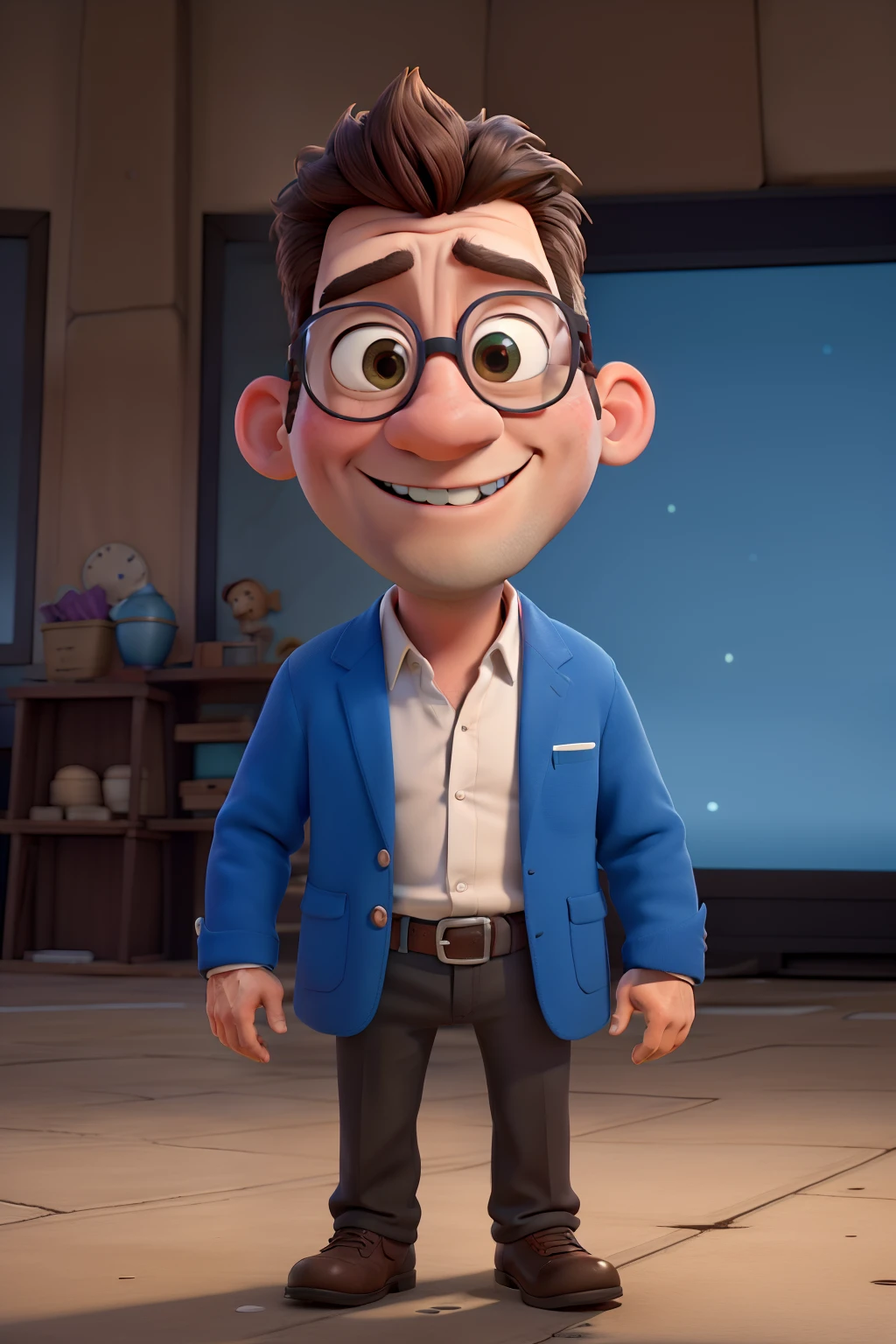 Capa filme da Pixar, de melhor qualidade, A man in prescription glasses, Black frame , vestindo um terno cinza, blazer aberto, camisa cinza clara segurando o microfone, falando e sorrindo, gordinho , Explaining slide on a blue screen