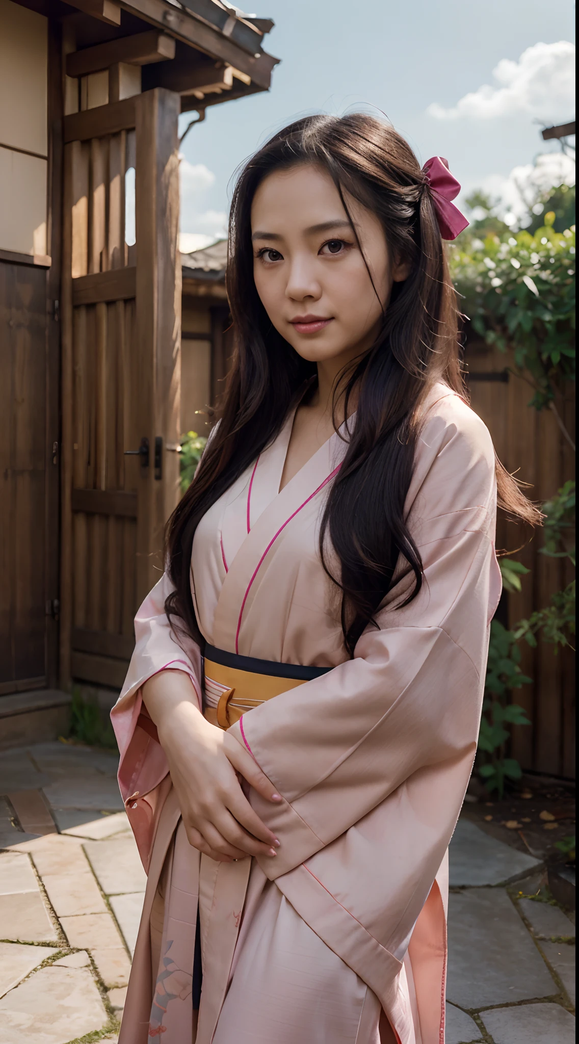 masterpiece, (photorealistic:1.5), realistic eyes, asian woman, best quality, beautiful lighting, professional lighting, photon mapping, radiosity, physically-based rendering,, kamado nezuko, 1girl, black hair, forehead, hair ribbon, japanese clothes, kimono, long hair, multicolored hair, open mouth, pink eyes, pink kimono, pink ribbon, ribbon, smile, very long hair, sky, ((aged up)),, (RAW photo, 8k uhd, film grain)