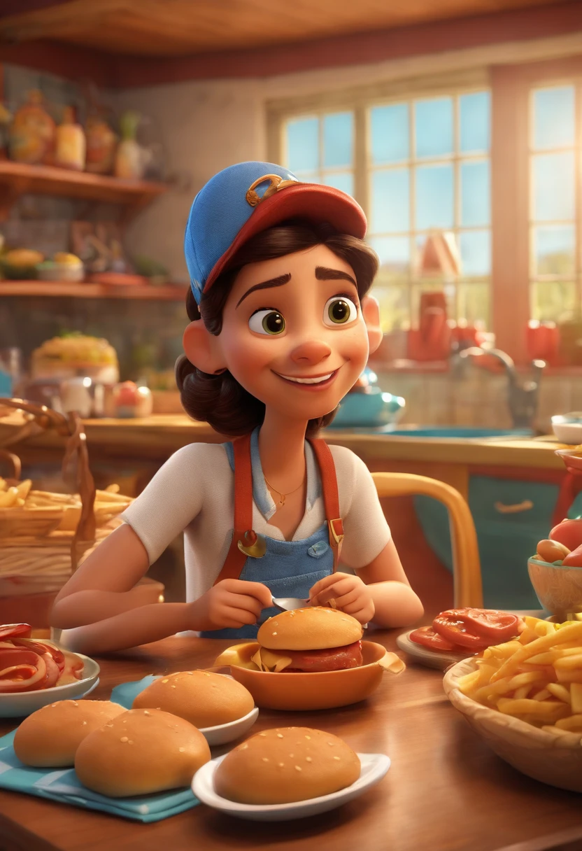 Make a 36-year-old, cabelos raspados e olhos castanhos, He's hungry, como Disney Cartoon, She's eating hamburger, Pixar, ....3d, Disney. Ele se chama Tiago, And the name is written in Pixar-style lettering