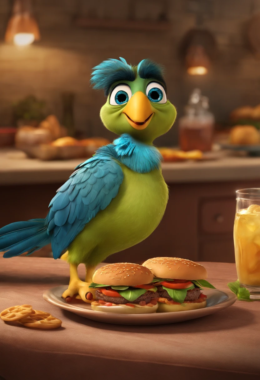 Make a 36-year-old, cabelos raspados e olhos castanhos, He's hungry, como Disney Cartoon, She's eating hamburger, Pixar, ....3d, Disney. Ele se chama Tiago, And the name is written in Pixar-style lettering