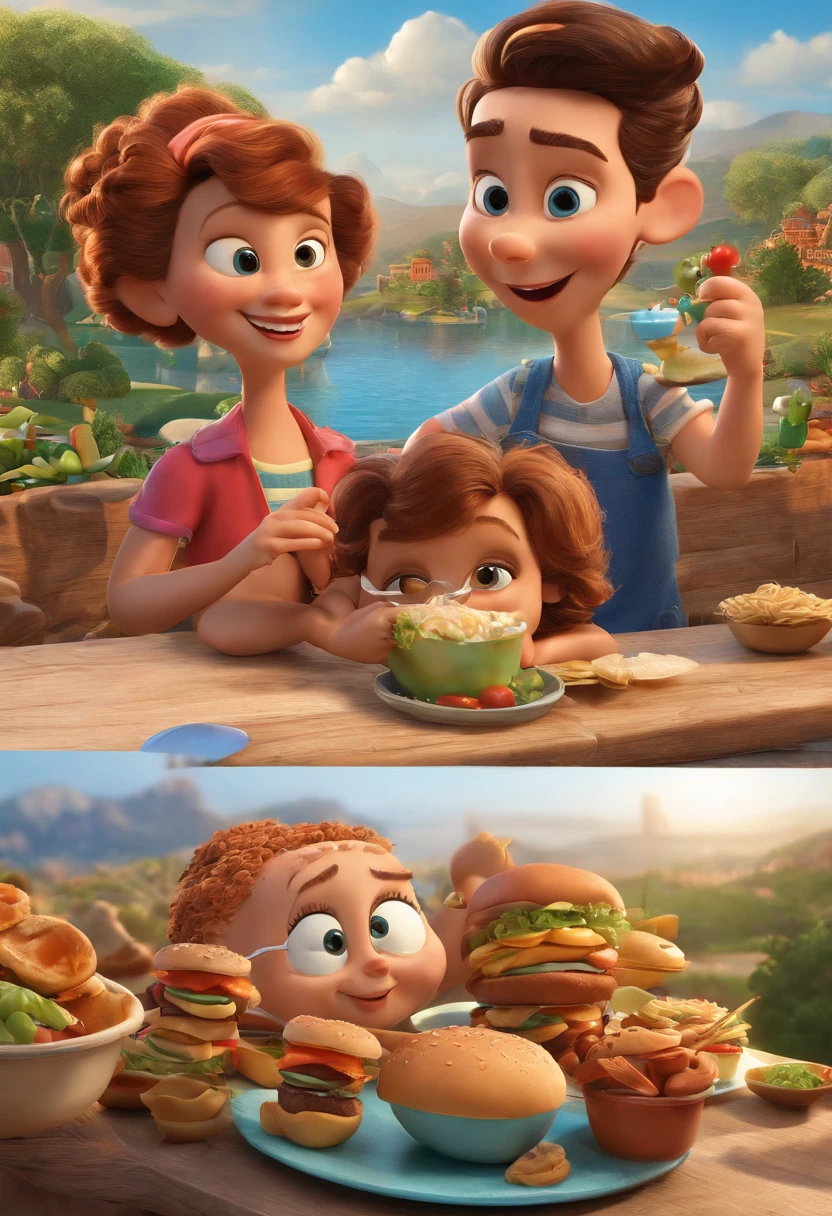 Make a 36-year-old, cabelos raspados e olhos castanhos, He's hungry, como Disney Cartoon, She's eating hamburger, Pixar, ....3d, Disney. Ele se chama Tiago, And the name is written in Pixar-style lettering