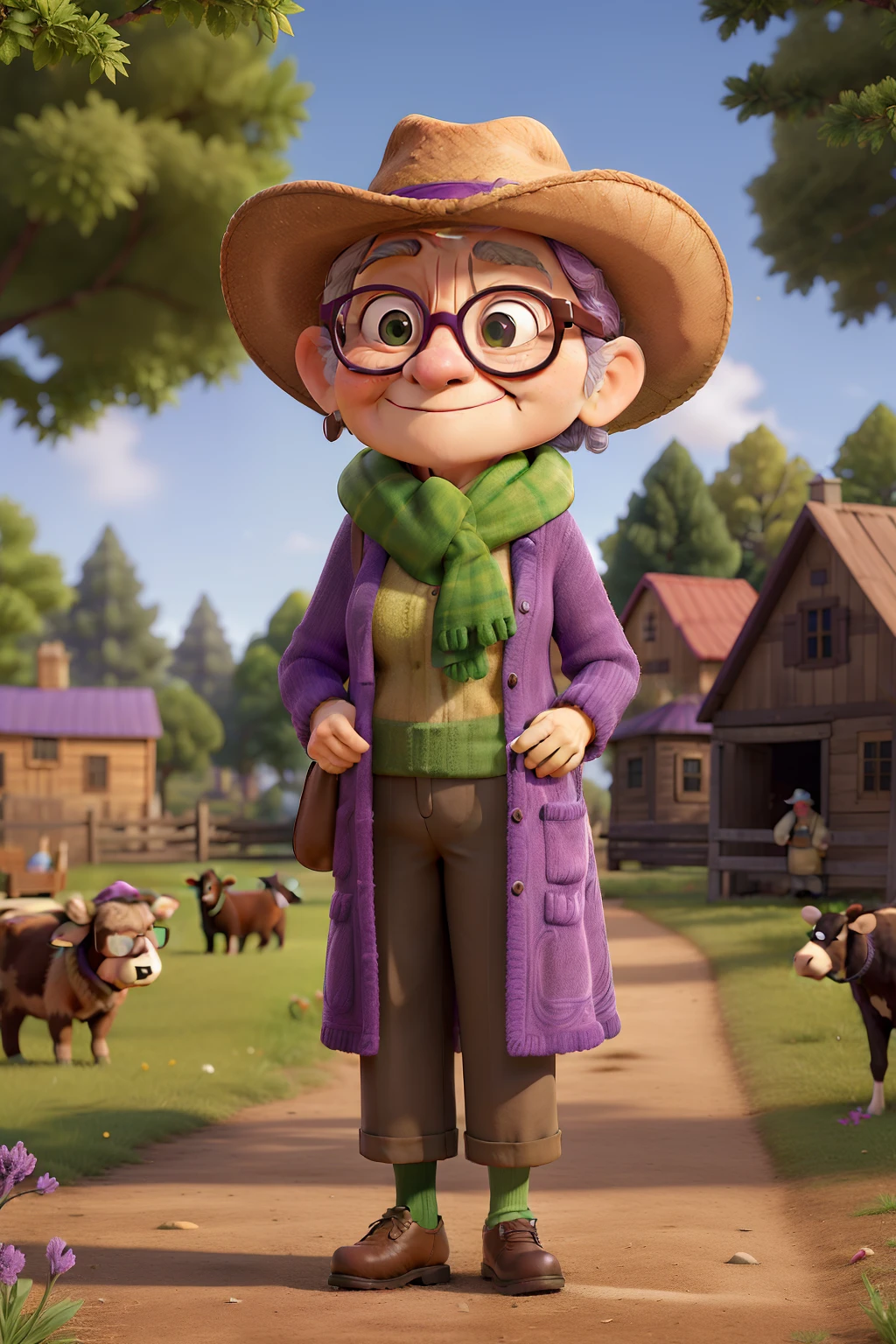 Obra-prima, de melhor qualidade, An elderly woman wearing glasses and a purple coat and green scarf, Standing in the park was a young man wearing a cattle hat with a plaid shirt and a guitar in his hand inside his farm