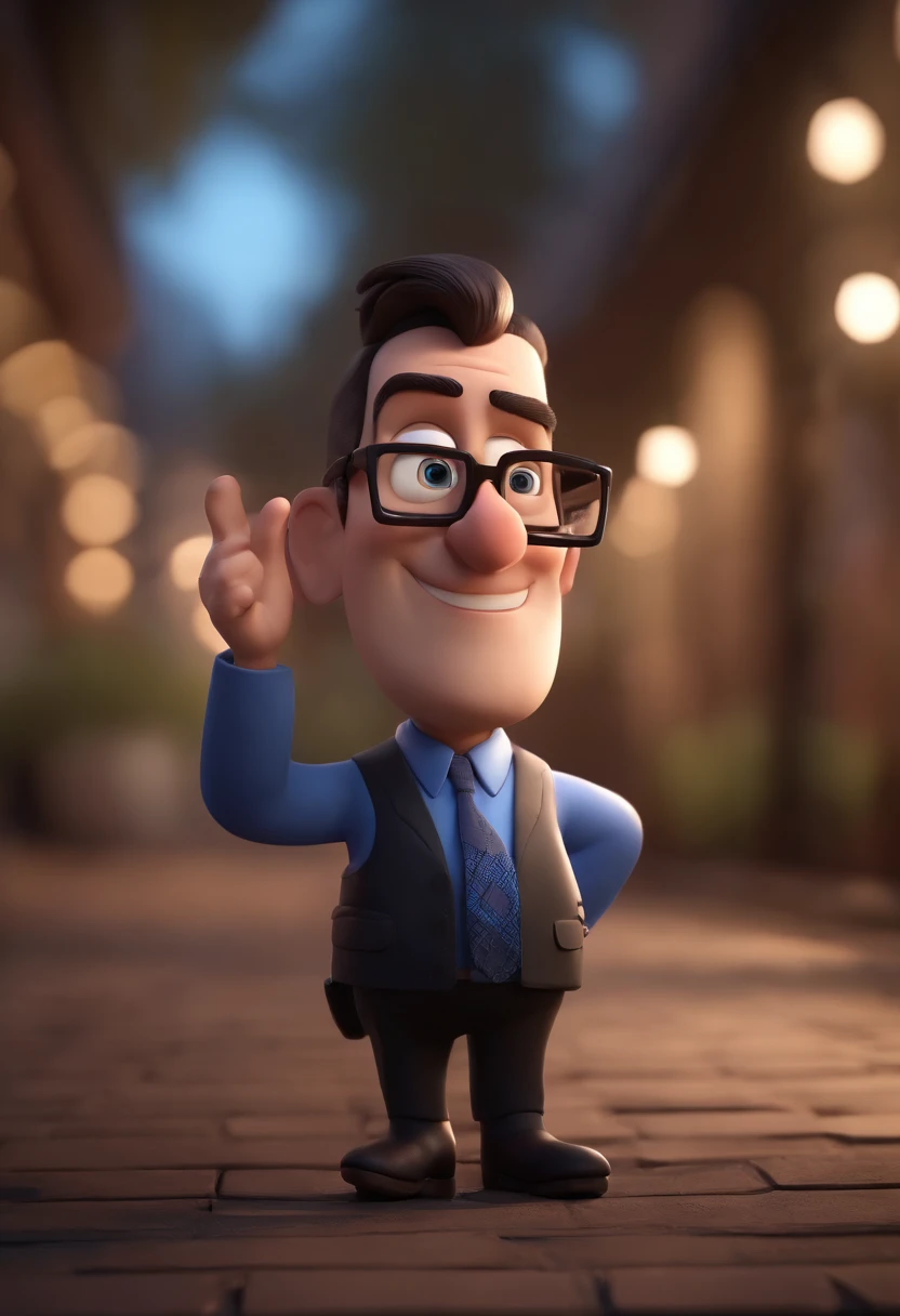 Cartoon character of a man wearing black glasses and a blue shirt, um personagem animado, Caractere estilizado, animation style rendering, 3D estilizado, Arnold Maya render, 3 d render stylized, toon render keyshot, Personagem 3D, Personagem 3D, 3d rendering stylized, 3 d character render, personagem de desenho animado, Personagem de close up, Pose de personagem, (Estilo Pixar) (master part:1.2) (Bokeh) (best quality) (pele detalhada) (textura detalhada) (8k) (argila) (Cinematic lighting) (foco nítido,Senta e vaza a parte superior do corpo