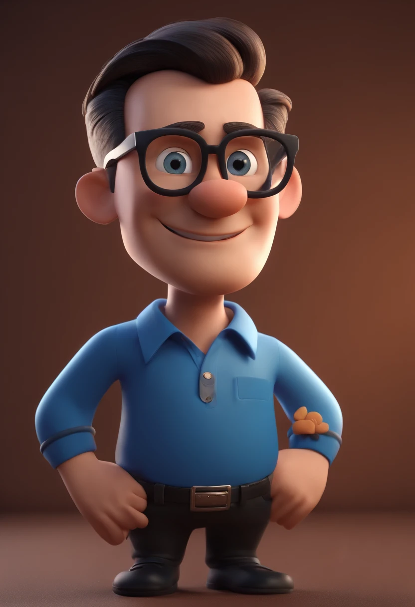 Cartoon character of a man wearing black glasses and a blue shirt, um personagem animado, Caractere estilizado, animation style rendering, 3D estilizado, Arnold Maya render, 3 d render stylized, toon render keyshot, Personagem 3D, Personagem 3D, 3d rendering stylized, 3 d character render, personagem de desenho animado, Personagem de close up, Pose de personagem, (Estilo Pixar) (master part:1.2) (Bokeh) (best quality) (pele detalhada) (textura detalhada) (8k) (argila) (Cinematic lighting) (foco nítido,Senta e vaza a parte superior do corpo
