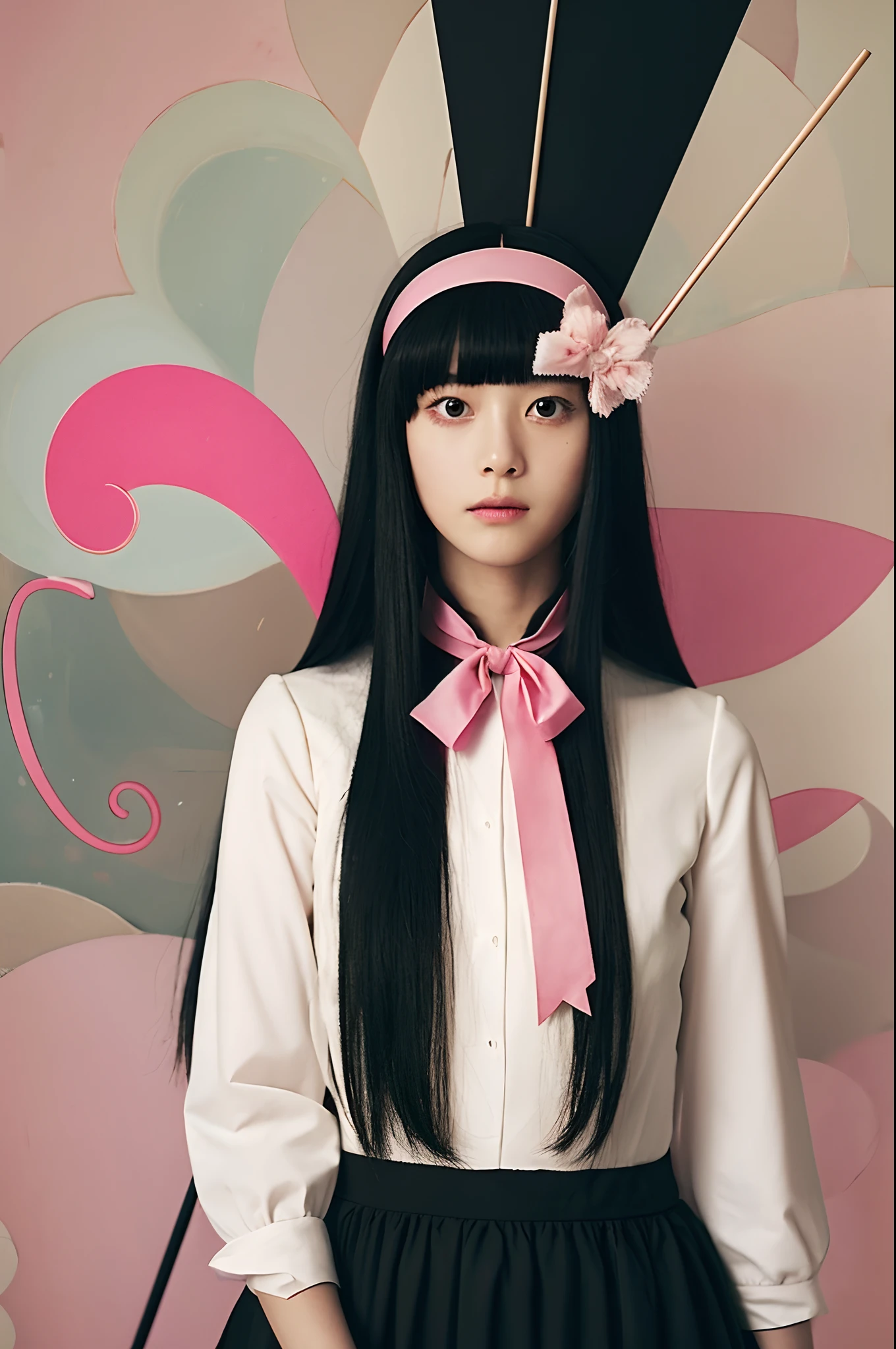 Colaki, Surrealist, Save, Hilma af Klint style, a girl with long straight black hair, Pink bow headband, compass in left hand, spear,