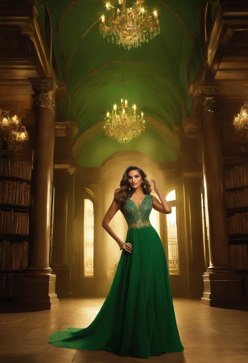 (((master part, extremely high quality, High definition, High detail)))), One, ((fantasia)))), (Mulher elfa)))), (Saia curta branca com bordado dourado), (Loiro Cabelo Longo Liso), (olhos verde-escuros brilhantes), (Casaco verde com bordado de ouro), Big, (((Biblioteca Nacional da capital real)), (A large space with many books)), Sente-se em uma cadeira e leia um livro , light particles flying