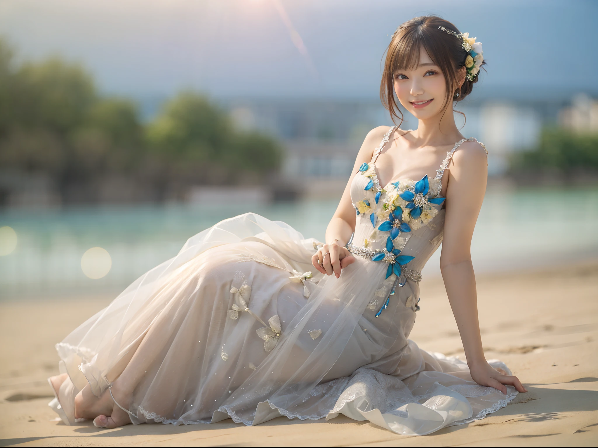 full body Esbian、((lensflare))、((Constricted waist circumference))、((Smiling)),((((27yo)))),(((Smaller bust))))、(((Colorful Wedding Dresses)))、(((Muscle feeling)))、(((photorealisim:6, realisitic)))、browny short hair、Wearing black-rimmed glasses、pale-skinned、looking at the viewers、the beach、coastline、the wind、vague、 8K UHD、Digital SLR、softlighting、hightquality、top-quality、超A high resolution、(Photorealsitic:1.4)、beautiful smiling face, Beautiful detailed sky, 电影灯光, depth of fields, Lens flare light、(A smile:1.15)、(Mouth closed)tiny chest、beautiful finely detailed eyes、Floating hair Nova frog style