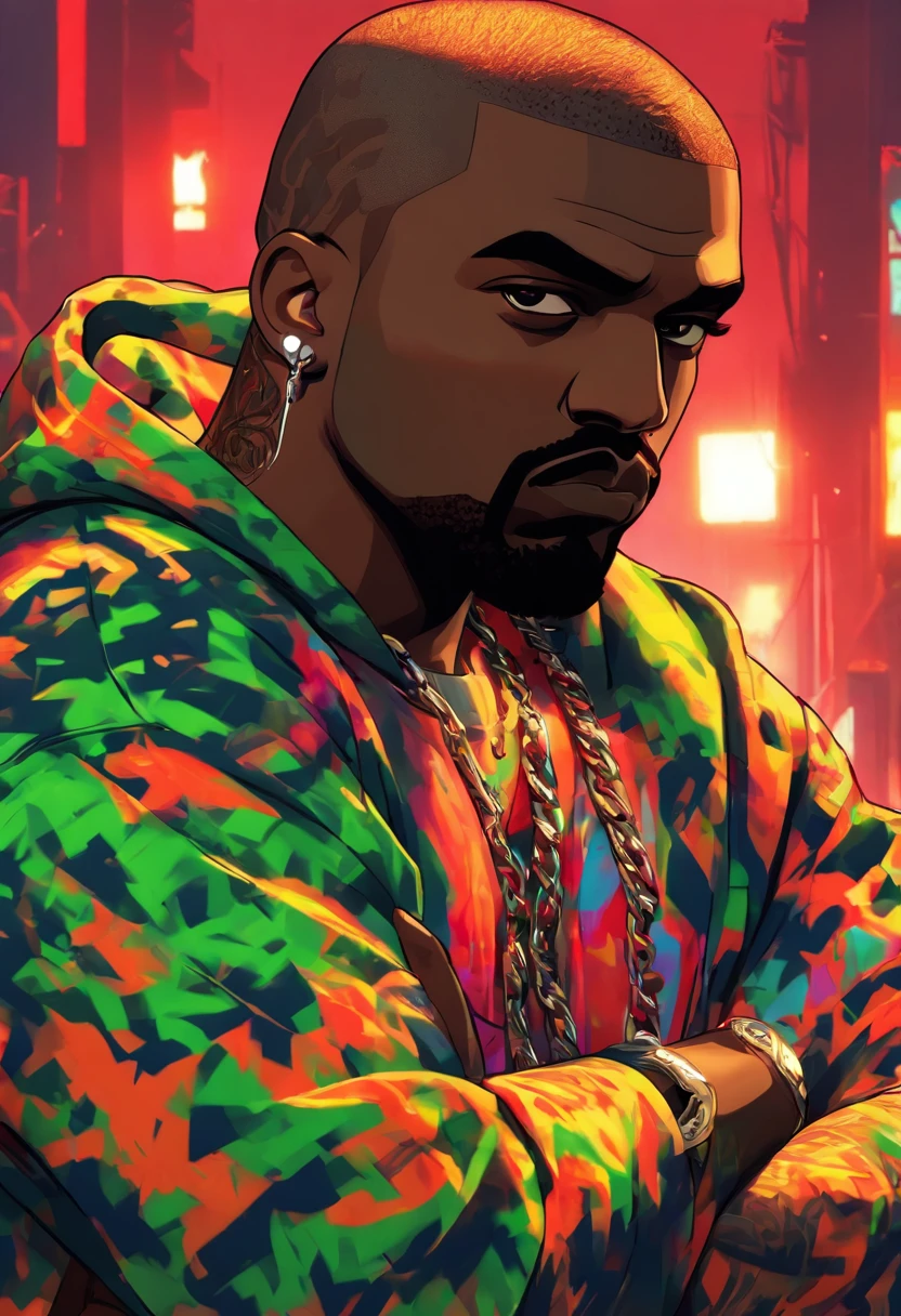 kanye west , Red Hair Arms Crossed , estilo hip hop, estilo gta 5,chain in the neck. senario cidade de los santos.