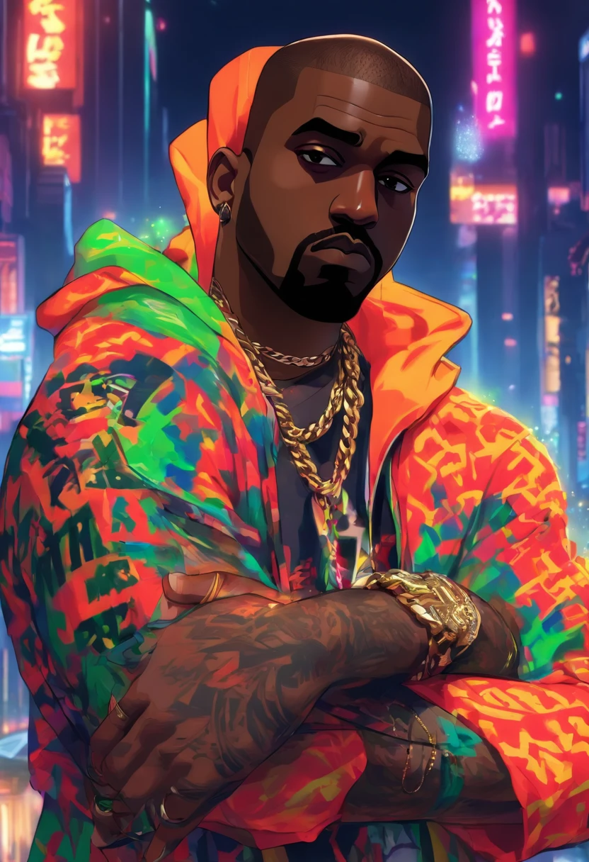 kanye west , Red Hair Arms Crossed , estilo hip hop, estilo gta 5,chain in the neck. senario cidade de los santos.