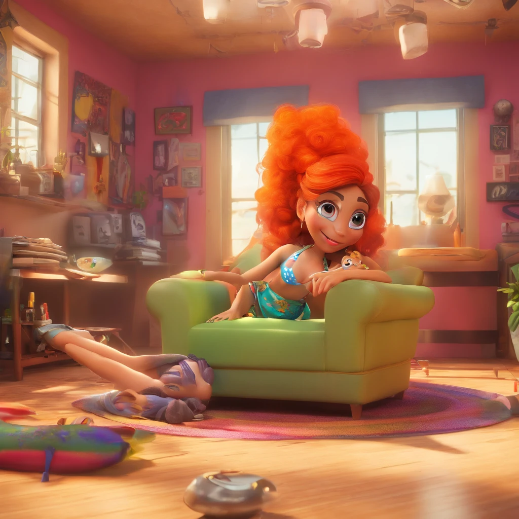 create a 3D movie poster inspired by Disney Pixar, The scene should be in Pixar's signature digital art style, com uma imagem caricatural que lembra a cantora brasileira "Anita" in the prone position, Wearing a bikini while a tattoo artist is sitting tattooing with a giant ring on one hand, inside a tattoo parlor.
