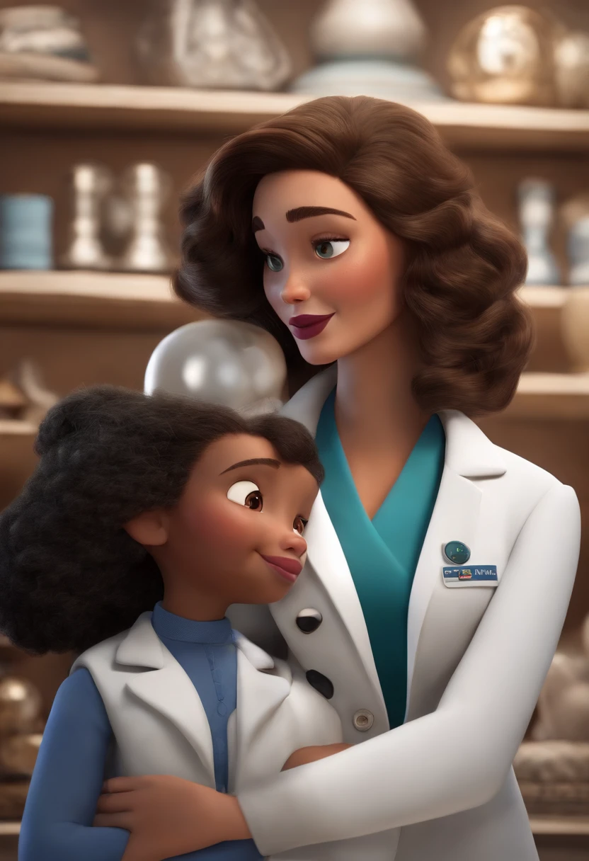 create a 3D movie poster inspired by Disney Pixar, The scene should be in Pixar's signature digital art style, com uma imagem caricata de uma mulher branca com cabelo preto e liso, Medium Size, A speech therapist's white coat wearing a room in a room with white walls