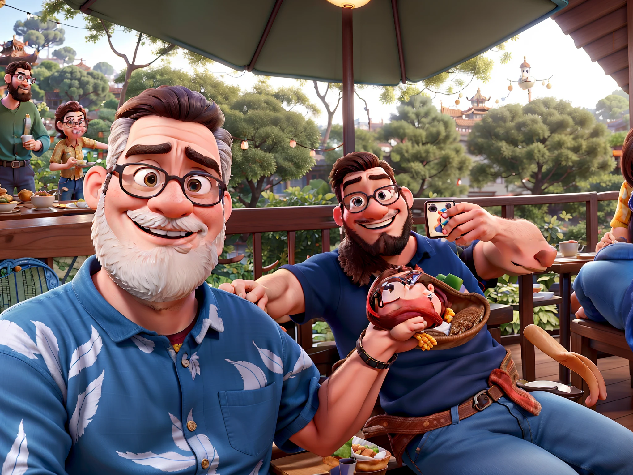 Pixar movie poster of a couple of young lovers taking a picture in Chinese restaurant. A menina tem cabelos claros e olhos castanhos, o menino tem bigode, Beard and glasses