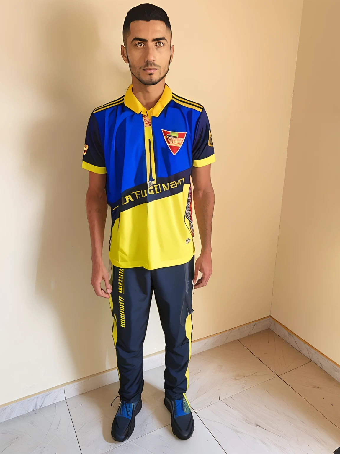 Arafed man standing in a room with a yellow and blue shirt, Carmelo Blandino, Mohamed Chahin, Edon Guraziu, Estilo Mohamed Chahin, Mohamed Reda, andres rios, juan diaz canales, Jose Miguel Romano Francisca, daniel mirante, Salustiano Garcia Cruz, Cristiano Orrillo, saâdane afif, Rua Juliana