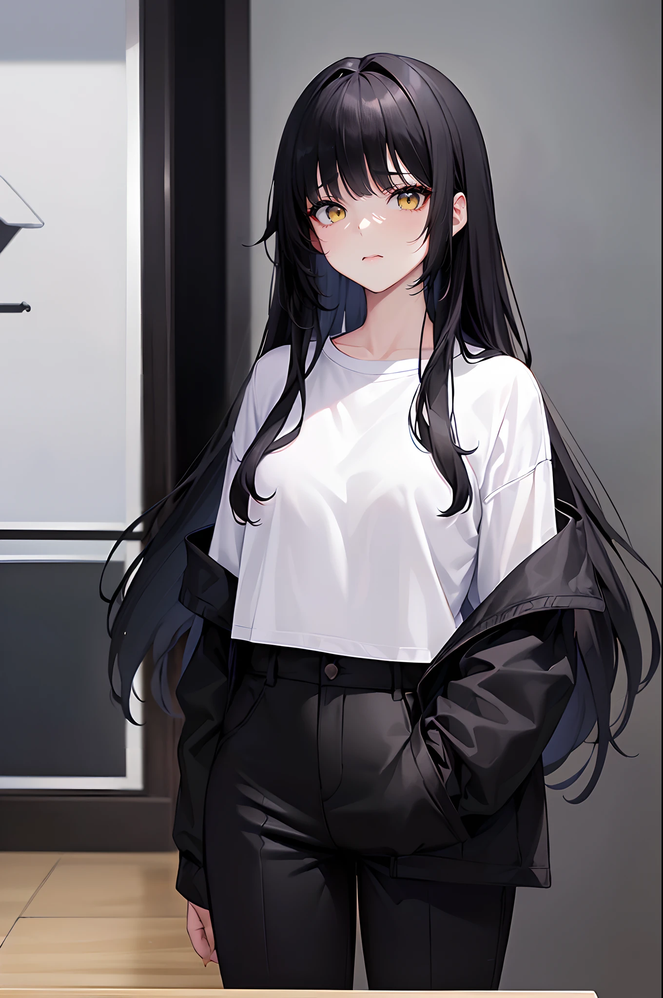 (4K works))、masterpiece、(top-quality)、Shopping、Korean female、adult woman、((Adult 26 years old))、((Face similar to Hyunjin))、cool lady、tall、((Glaring expression))、((Sleepy face))、((Strong eyes))、((Wearing a white T-shirt and a black jacket、Wear long black pants))、((Wear a black mask))、((Smaller face))、Slim body、((How to stand a sales match))、((Cheeky way of standing))、((Bad girl))、((Black long-haired))、((Yellow eyes))、((shot from front))、((Looking down on the viewer))、((rearing))、((Shot alone))、((Solo Photography))