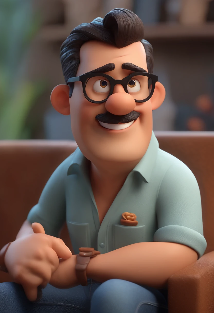 Cartoon character of a man with black glasses, cabelo cacheado marrom escuro e uma camisa azul, animation character, Caractere estilizado, animation style rendering, 3D estilizado, Arnold Maya render, 3 d render stylized, toon render keyshot, Personagem 3D, Personagem 3D, 3d rendering stylized, 3 d character render, personagem de desenho animado, Personagem de close up, Pose de personagem,  (Estilo Pixar) (master part:1.2) (Bokeh) (best quality) (pele detalhada) (textura detalhada) (8k) (argila) (Cinematic lighting) (foco nítido