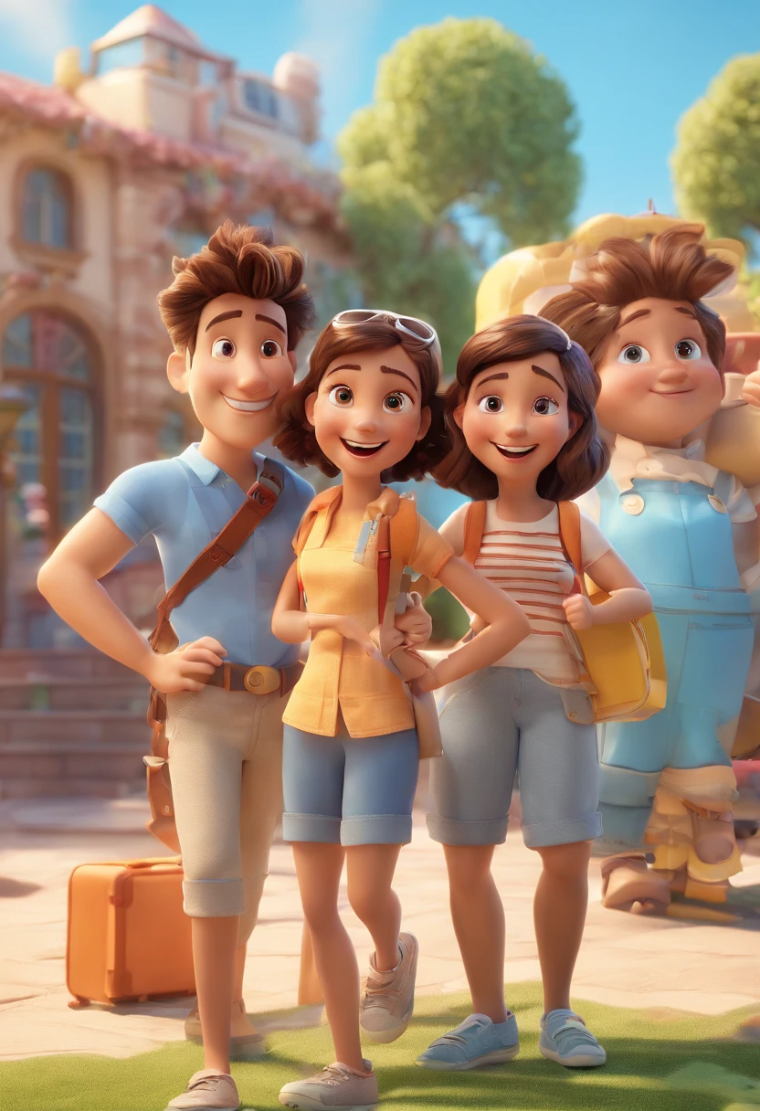 Cartoon of friends having fun on vacation together, 3D Animation Movie Poster, Poster de filme animado, pixar 3 d animation style, pixar renderman rendering, maia 8 mil, animated film, Disney Pixar Estilo 3D, amigos felizes saem juntos, all wearing light blue shirts and cream brown long pants, camisa azul clara, cream brown pants, ao ar livre, vacation, Disney Pixar Animation Poster