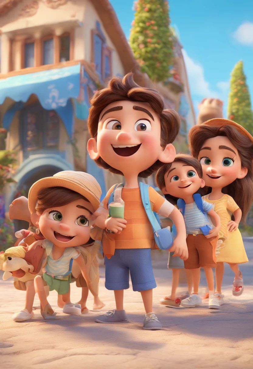 Cartoon of friends having fun on vacation together, 3D Animation Movie Poster, Poster de filme animado, pixar 3 d animation style, pixar renderman rendering, maia 8 mil, animated film, Disney Pixar Estilo 3D, amigos felizes saem juntos, all wearing light blue shirts and cream brown long pants, camisa azul clara, cream brown pants, ao ar livre, vacation, Disney Pixar Animation Poster