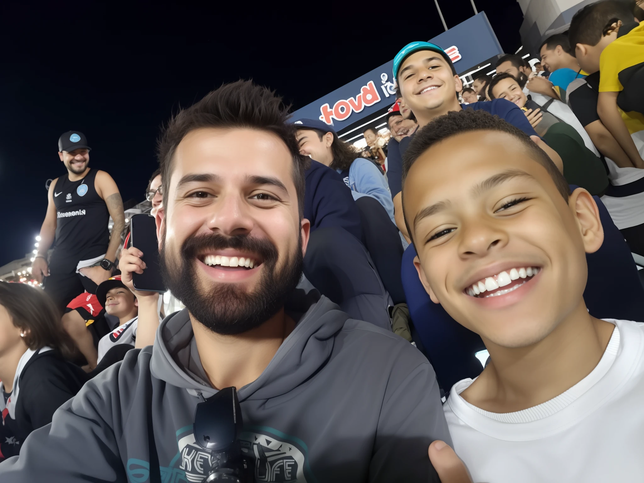 There is a man and a boy who are smiling for a picture, JoSan Gonzalez e Tyler Edlin, with a , foto do perfil, foto de perfil, imagem de qualidade muito baixa, both smiling for the camera, foto de baixa qualidade, Postagem no Reddit, divertindo-se, photo taken at night, foto selfie, foto assustadora, garoto feliz, Postagem 4k