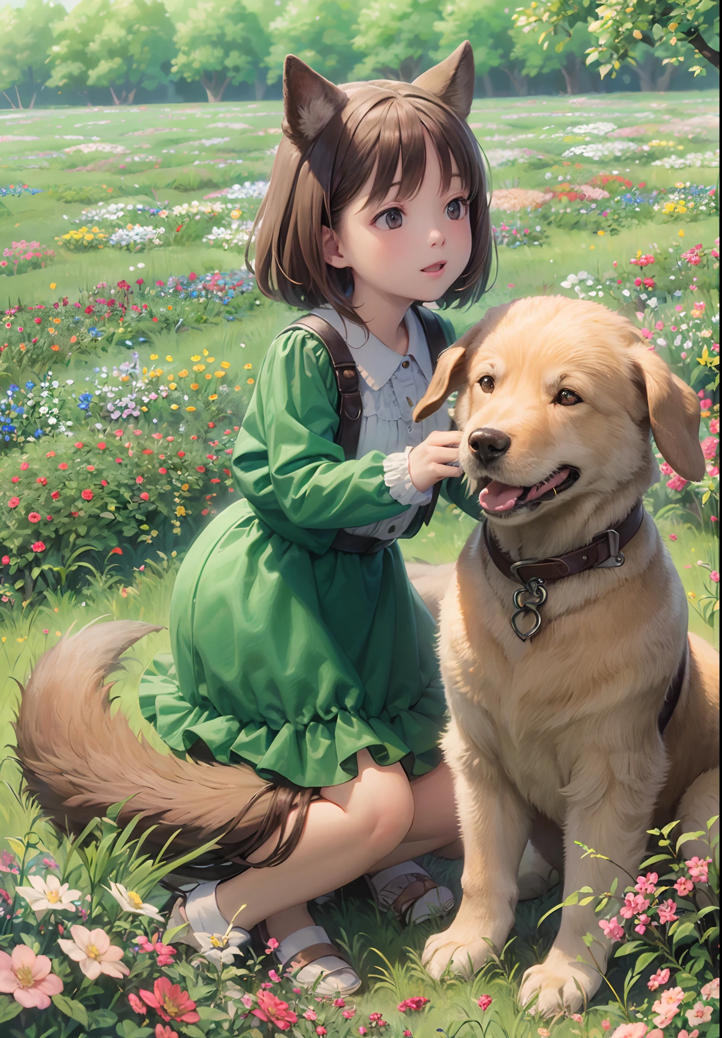 Create a high-quality, cinematic visual representation that depicts a serene and enchanting scene, where an adorable little girl and a playful dog are having fun in harmony in a wide green and flowery field on a sunny day with a radiant blue sky. --auto --s2