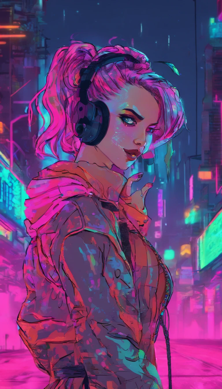 singing android, girl with ponytails, neon lights, gray rainy sky