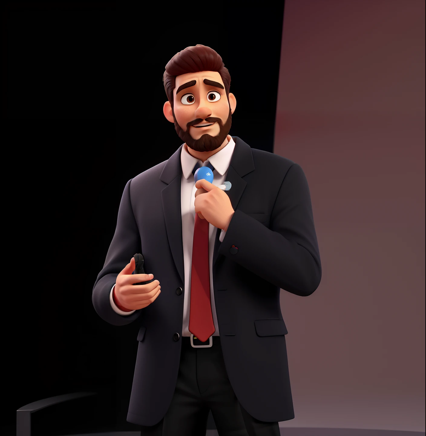 Pode melhorar barba mais rala com uns fios brancos, Make the full body appearing white red shoes. Man stands on black background on a speaker-like stage with microphone in one hand and book in the other in Disney pixar style best quality, maior qualidade.