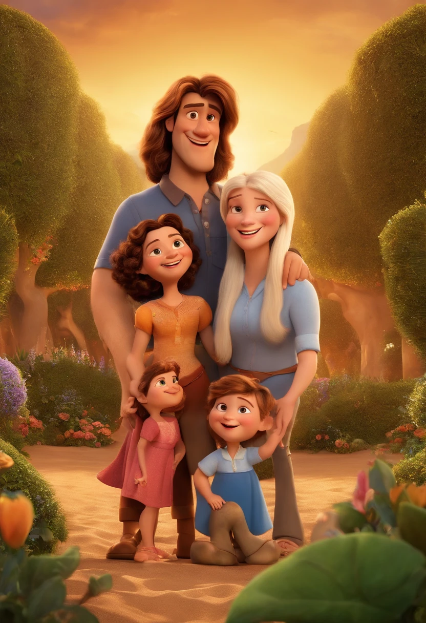 a Disney Pixar movie poster showing a white-skinned family. The father is the tallest, Tem barba curta, loiro, cabelos curtos e espinhosos. The mother has brown eyes and hair, shoulder-length and is slightly overweight. A  tem 12 anoelos loiros, roupa rosa e rabos de cavalo. Um menino de 5 as barefoot, segura uma bola de futebol. The background is a beach garden. 3D-rendering